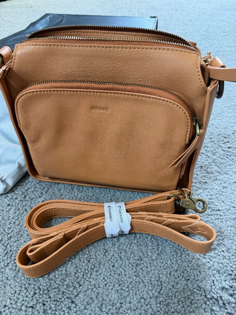 Minooy Hebe Full Grain Leather Convertible Organizer Crossbody Bag Caramel NWT